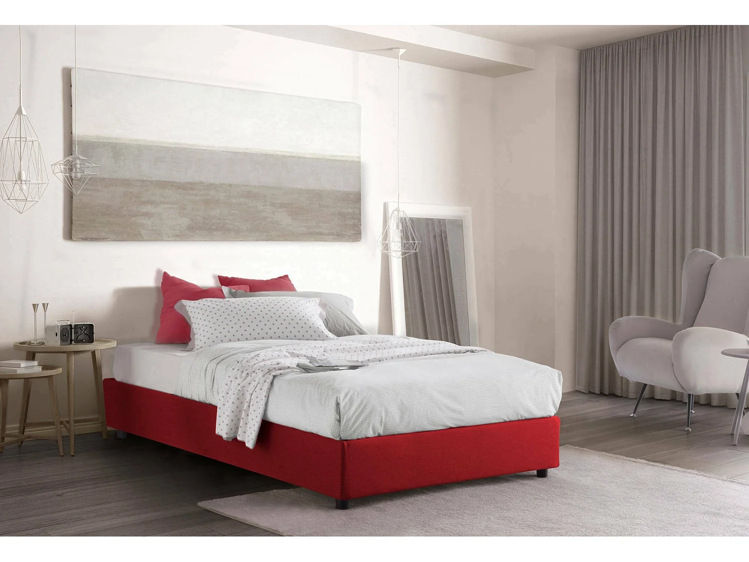 Cama doble Rebecca, Cama contenedor con revestimiento de tela, 100% Made in Italy, Apertura frontal, con colchón de 120x200 cm incluido, Rojo