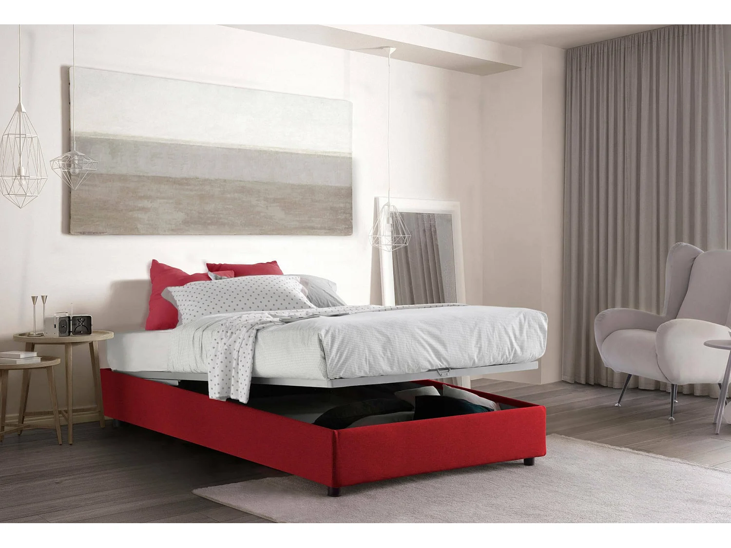 Cama doble Rebecca, Cama contenedor con revestimiento de tela, 100% Made in Italy, Apertura frontal, con colchón de 120x200 cm incluido, Rojo