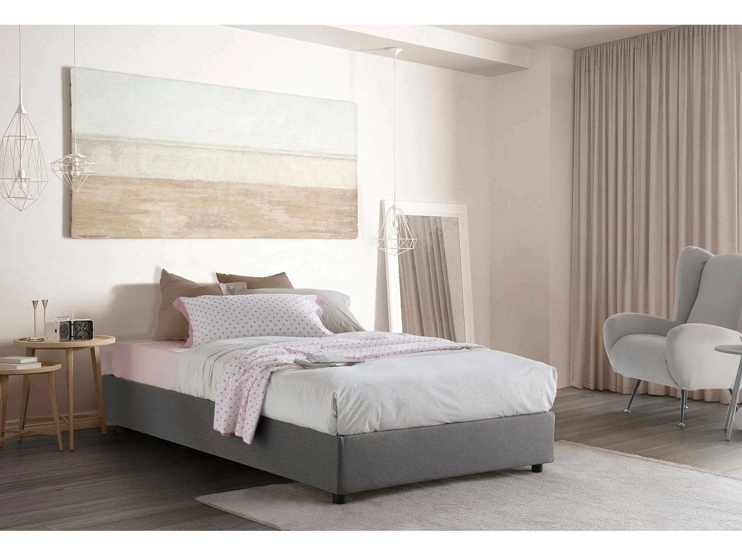 Letto piazza e mezza Rebecca, Letto contenitore con rivestimento in tessuto, 100% Made in Italy, Apertura frontale, con materasso Cm 120x200 incluso, Grigio