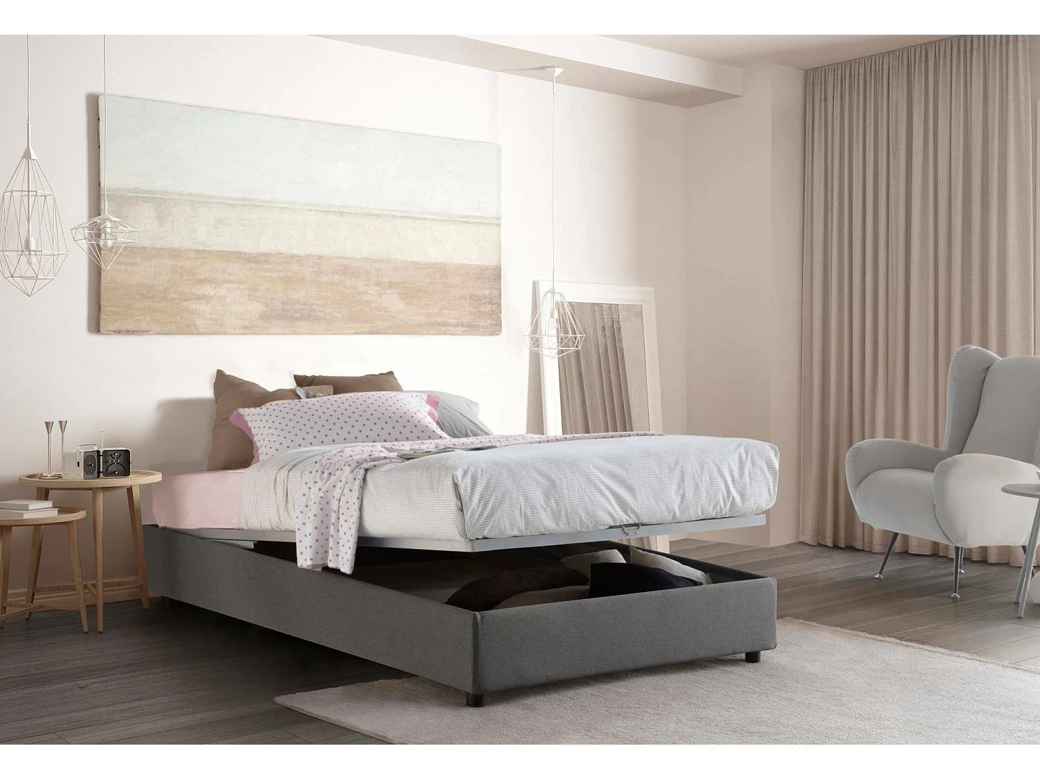 Letto piazza e mezza Rebecca, Letto contenitore con rivestimento in tessuto, 100% Made in Italy, Apertura frontale, con materasso Cm 120x200 incluso, Grigio