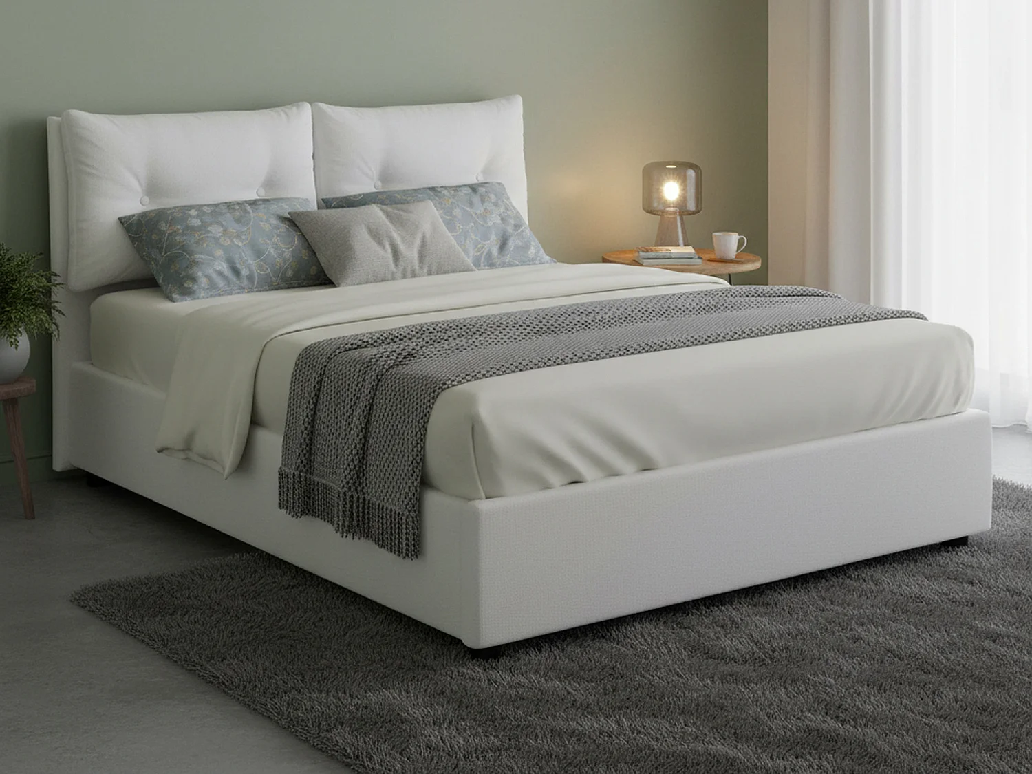 Cama doble Fabiana, Cama contenedor con revestimiento de tela, 100% Made in Italy, Apertura frontal, Apto para colchón de 160x200 cm, Blanco