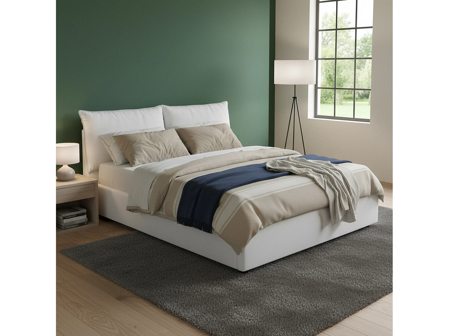 Lit double Maddalena, Lit coffre avec revêtement en tissu, 100% Made in Italy, Ouverture frontale, adapté pour matelas 140x200 cm, Blanc