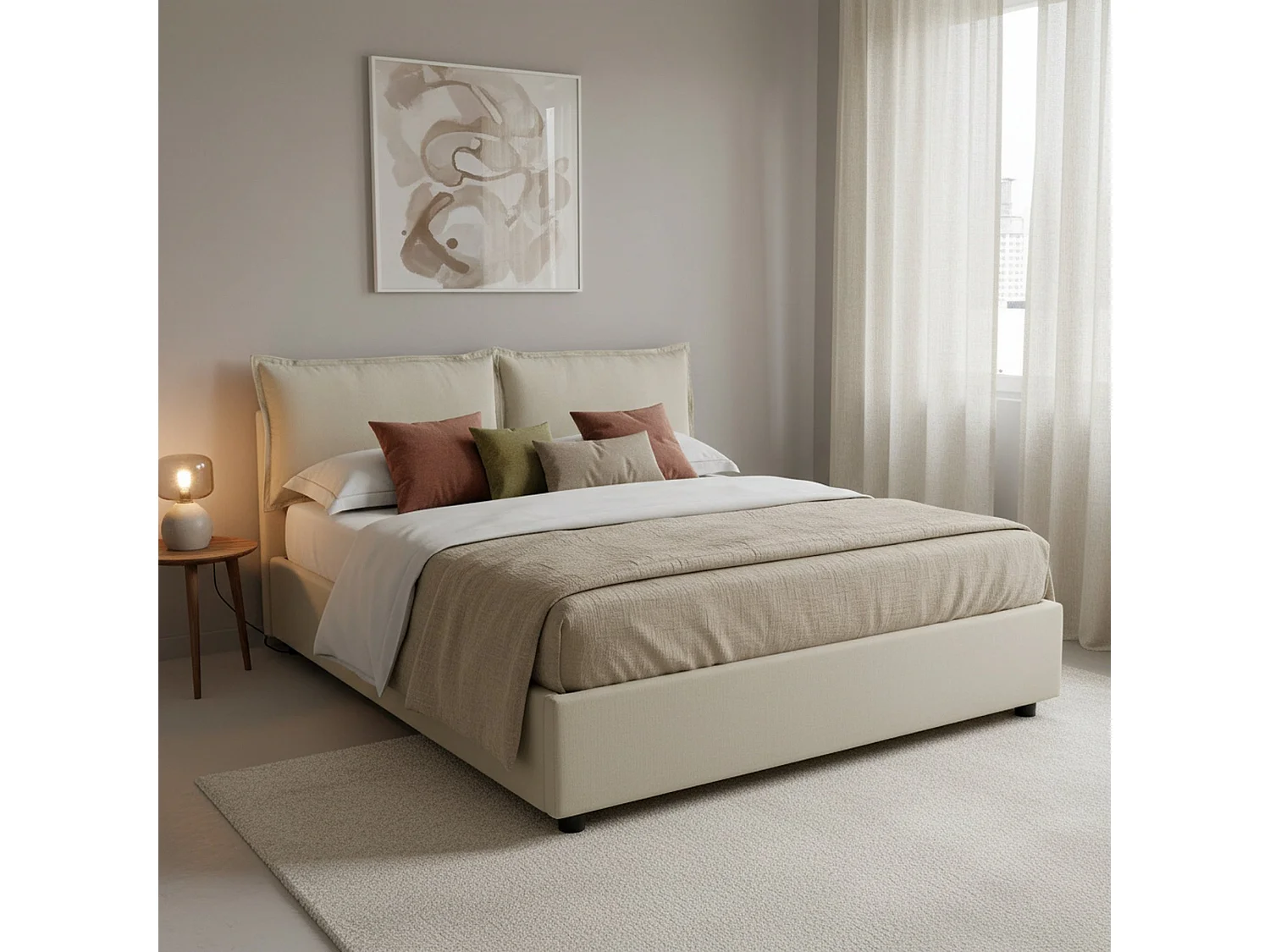 Lit double Agnese, Lit coffre avec revêtement en tissu, 100% Made in Italy, Ouverture frontale, adapté pour matelas 140x190 cm, Beige