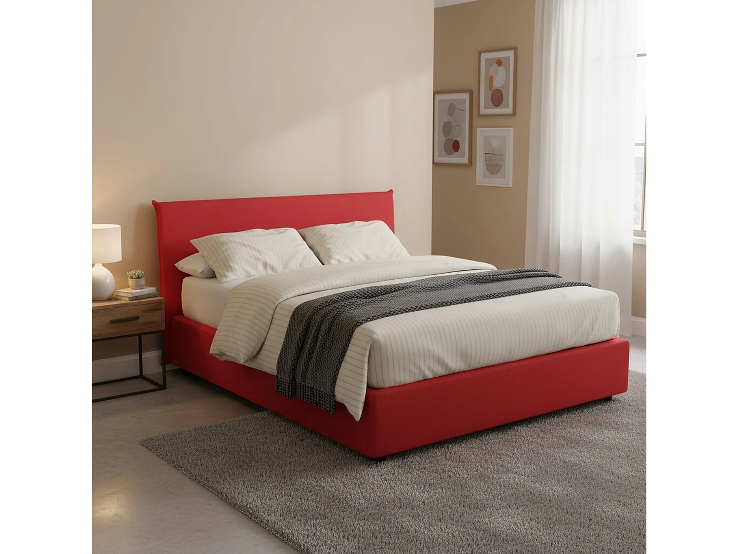 Bibiana Doppelbett, Bettkasten mit Stoffbezug, 100 % Made in Italy, Ã–ffnung vorne, inklusive Matratze 160 x 190 cm, Rot