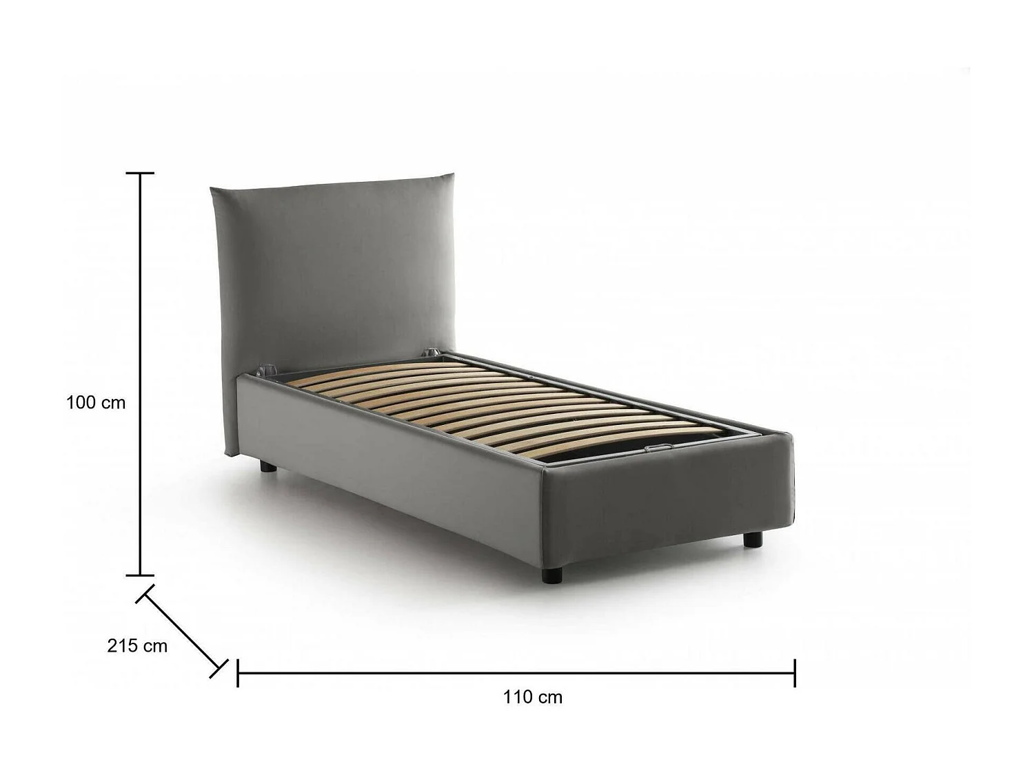 Cama individual Clarissa, Cama contenedor con revestimiento de tela, 100% Made in Italy, Apertura frontal, Apta para colchón de 80x190 cm, Gris