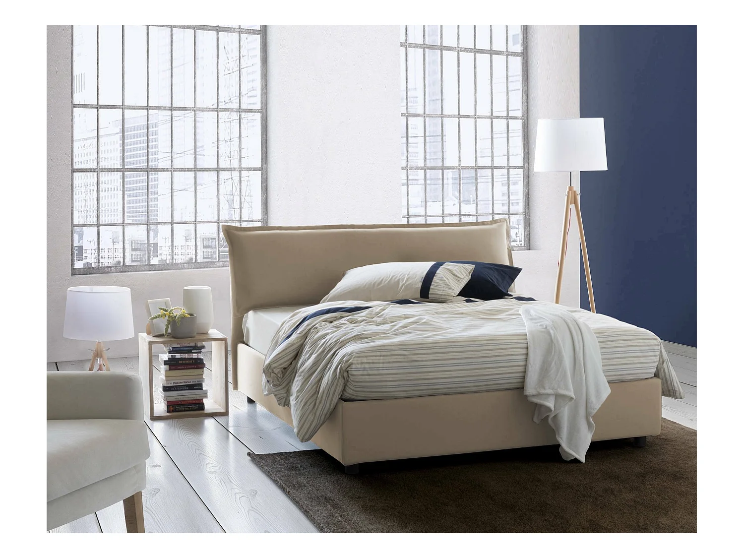Cloe tweepersoonsbed, Opbergbed met afneembare hoes met gestoffeerd hoofdeinde en opbergbedframe, 100% Made in Italy, geschikt voor matras 160x200 cm, Beige