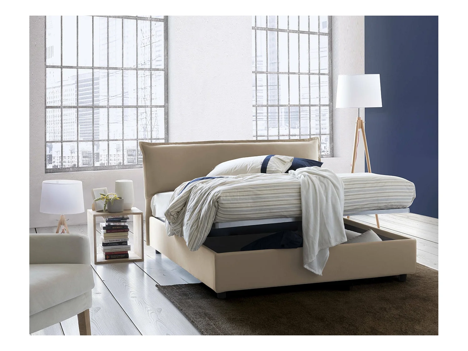 Cloe tweepersoonsbed, Opbergbed met afneembare hoes met gestoffeerd hoofdeinde en opbergbedframe, 100% Made in Italy, geschikt voor matras 160x200 cm, Beige
