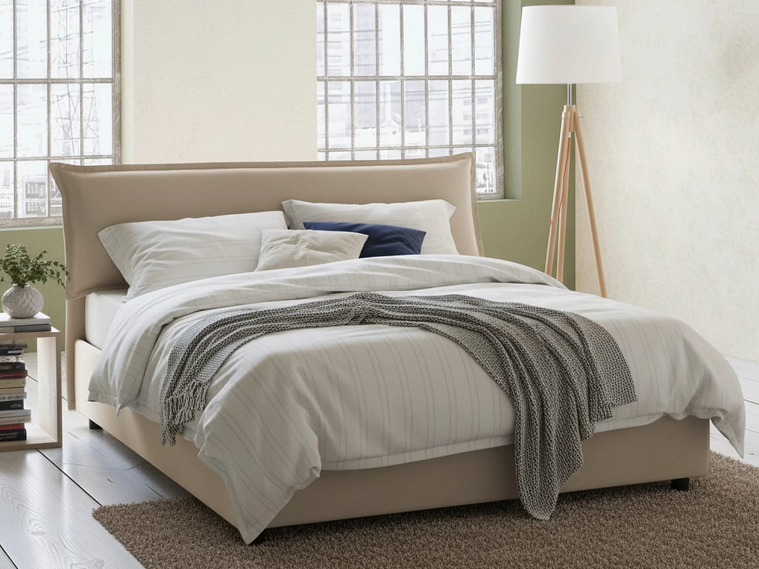 Lit double Cloe, Lit coffre déhoussable avec tête de lit rembourrée et cadre de lit coffre, 100% Made in Italy, adapté pour matelas 160x200 cm, Beige