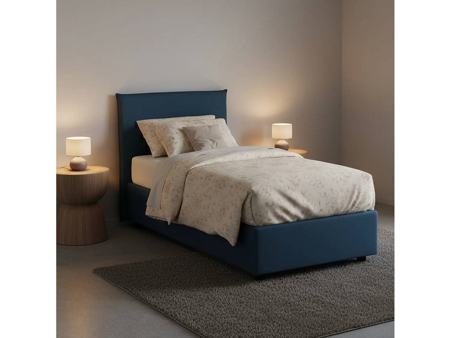 Lit simple Carola, Lit coffre avec revêtement en tissu, 100% Made in Italy, Ouverture latérale, avec matelas 80x190 cm inclus, Bleu