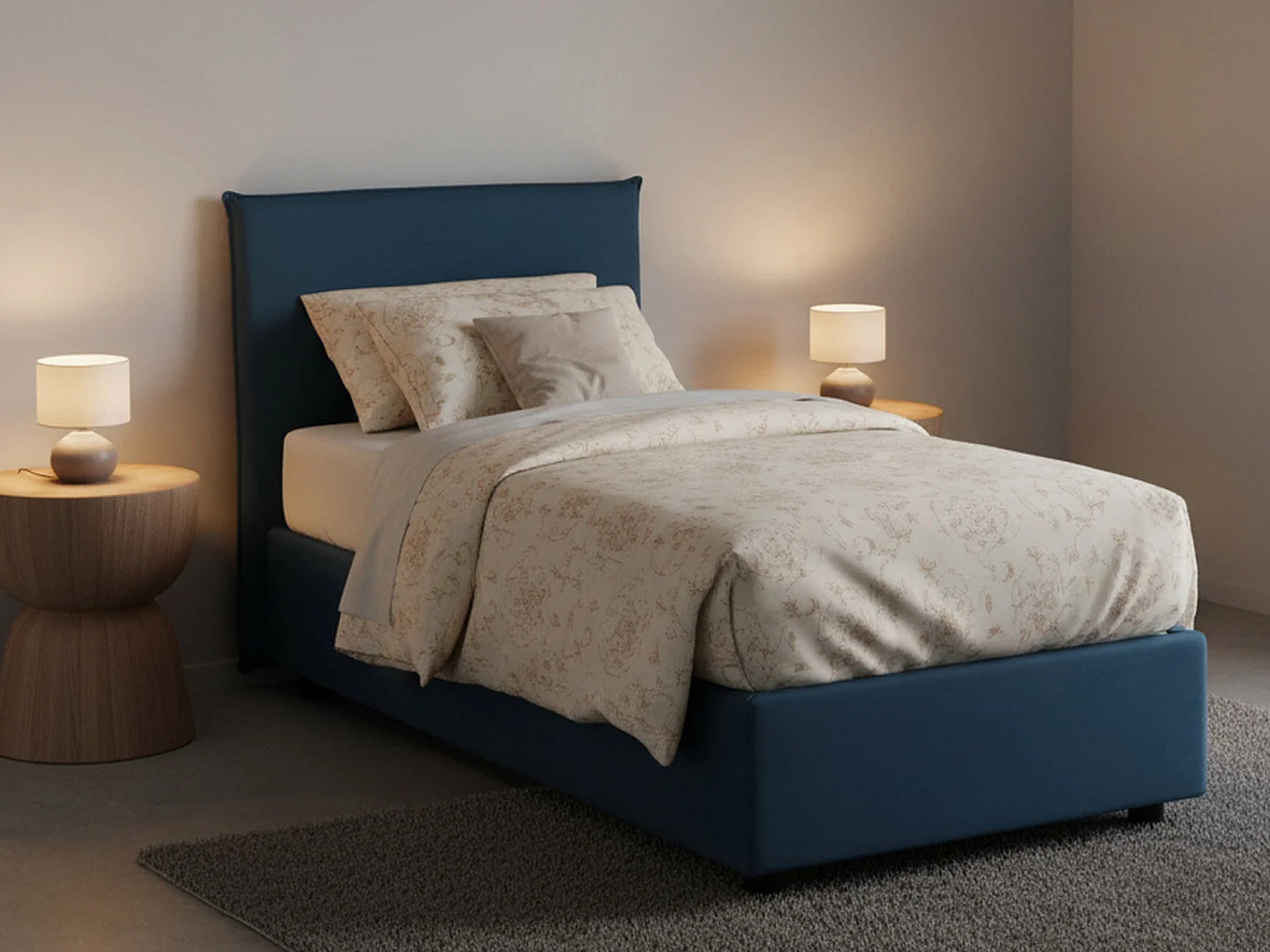 Lit simple Carola, Lit coffre avec revêtement en tissu, 100% Made in Italy, Ouverture latérale, avec matelas 80x190 cm inclus, Bleu
