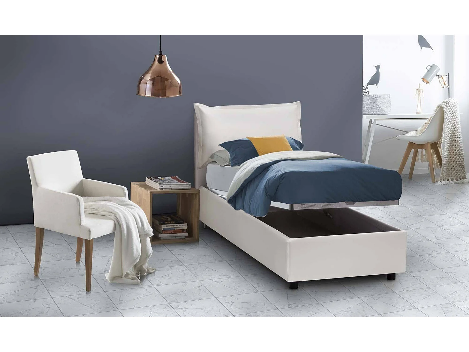 Naomi eenpersoonsbed, Opbergbed met bekleding van eco-leer, 100% Made in Italy, Opening aan de voorkant, inclusief matras van 80x200 cm, Wit