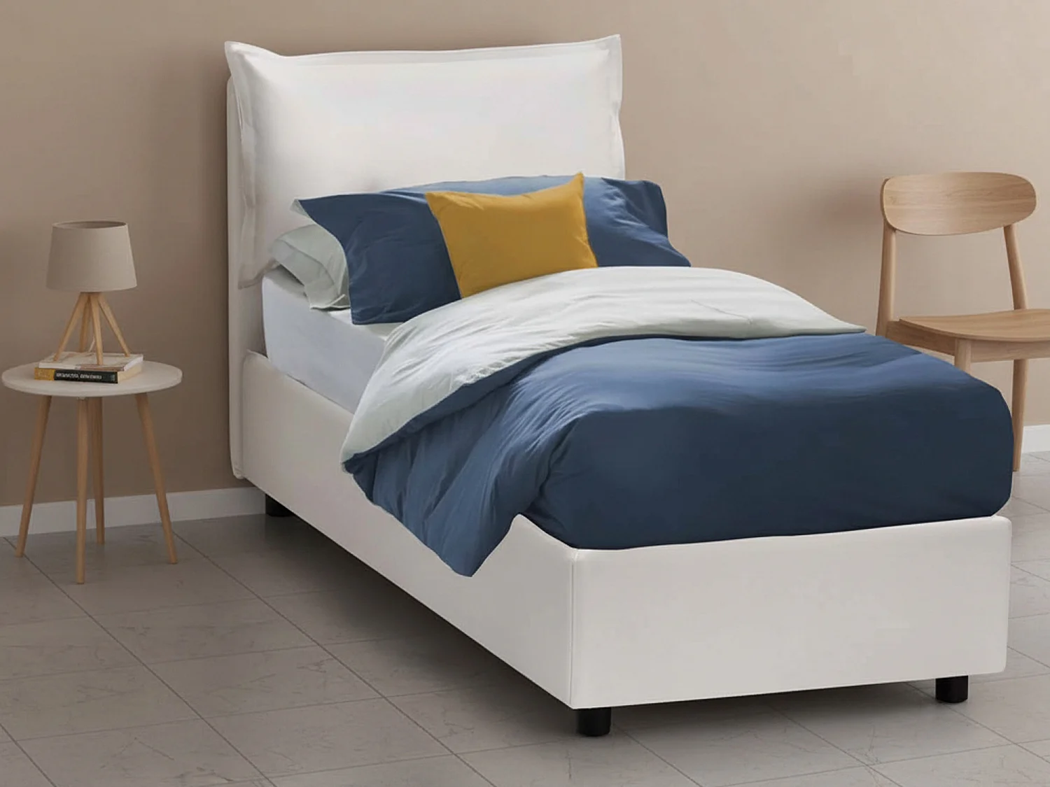 Cama individual Naomi, Cama contenedor con tapizado en ecopiel, 100% Made in Italy, Apertura frontal, con colchón de 80x200 cm incluido, Blanco