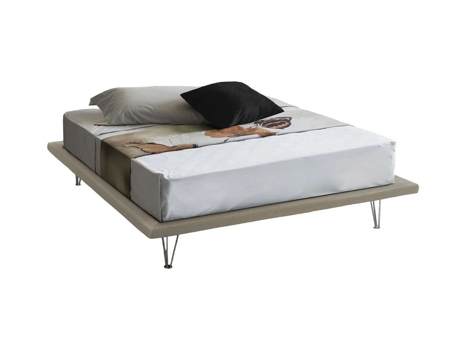 Lit double Linda, Lit fixe en tissu avec pieds, 100% Made in Italy, adapté pour matelas 160x200 cm, Beige