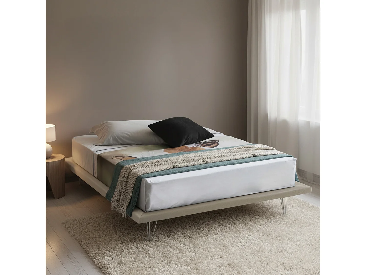 Lit double Linda, Lit fixe en tissu avec pieds, 100% Made in Italy, adapté pour matelas 160x200 cm, Beige