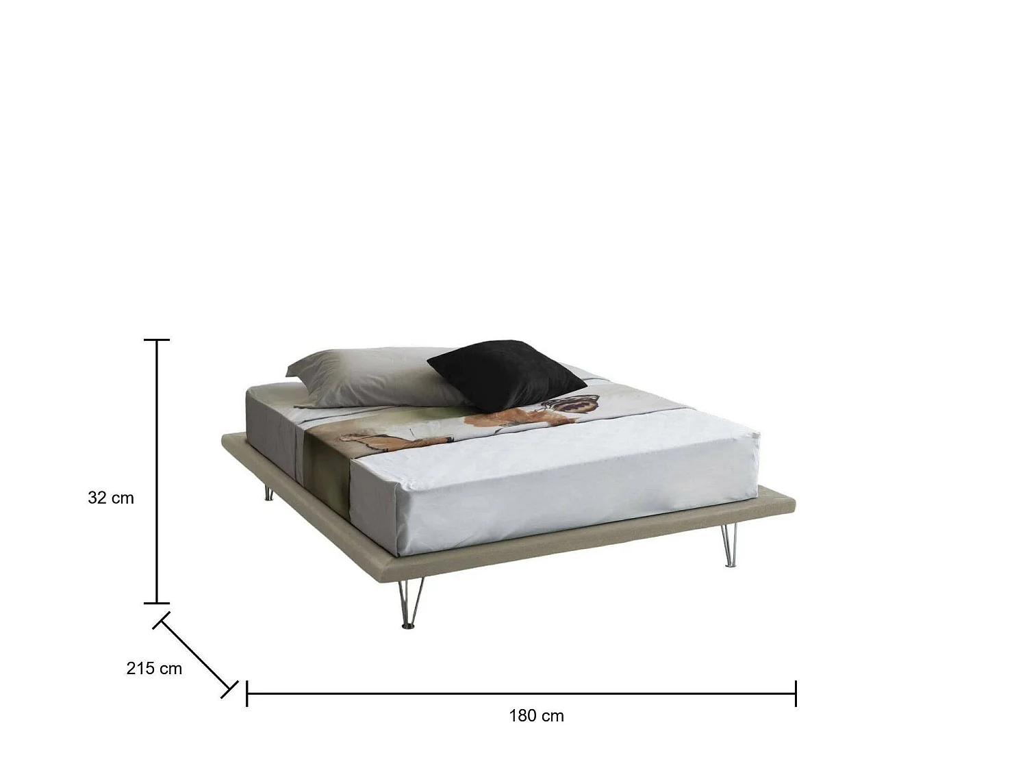 Lit double Linda, Lit fixe en tissu avec pieds, 100% Made in Italy, adapté pour matelas 160x200 cm, Beige