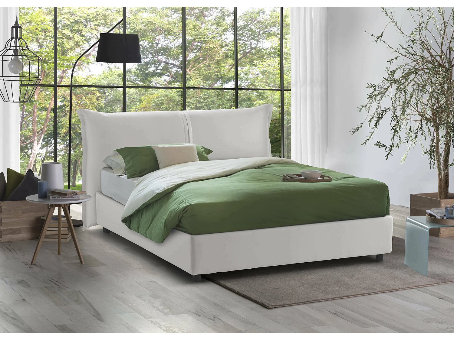 Lit double Cloide, Lit coffre avec revêtement en tissu, 100% Made in Italy, Ouverture frontale, avec matelas 160x200 cm inclus, Blanc
