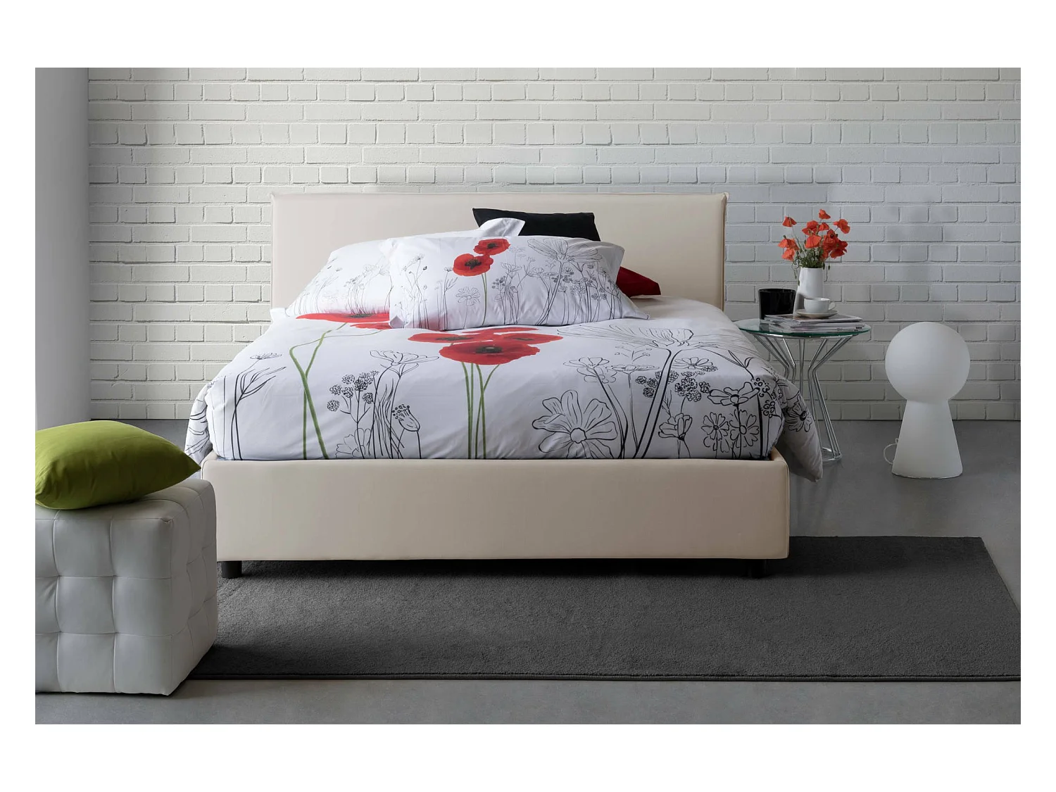 Betty Doppelbett, Bettkasten mit Stoffbezug, 100 % Made in Italy, Öffnung vorne, geeignet für Matratze 160 x 190 cm, Beige