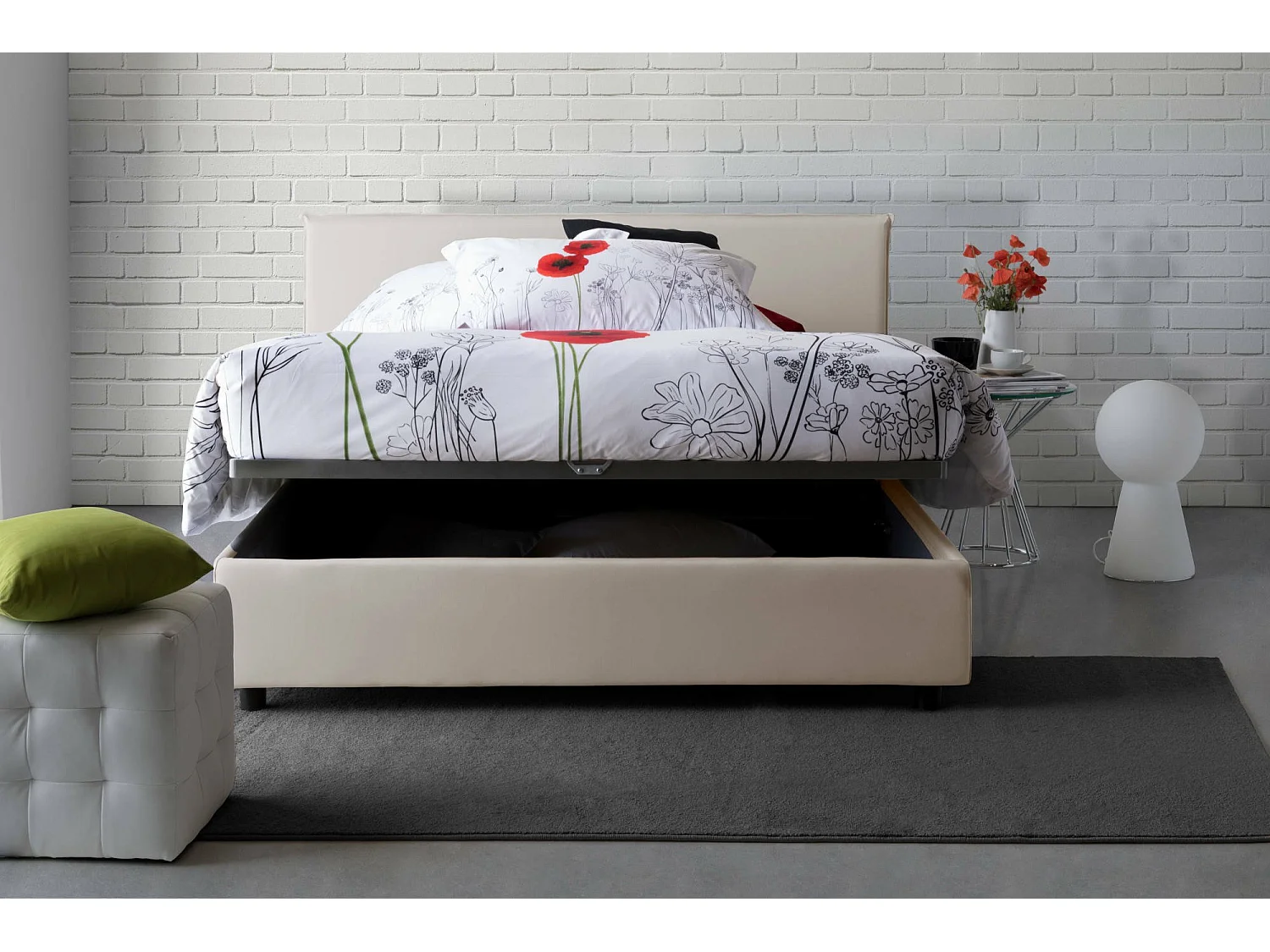 Letto matrimoniale Betty, Letto contenitore con rivestimento in tessuto, 100% Made in Italy, Apertura frontale, adatto per materasso Cm 160x190, Beige