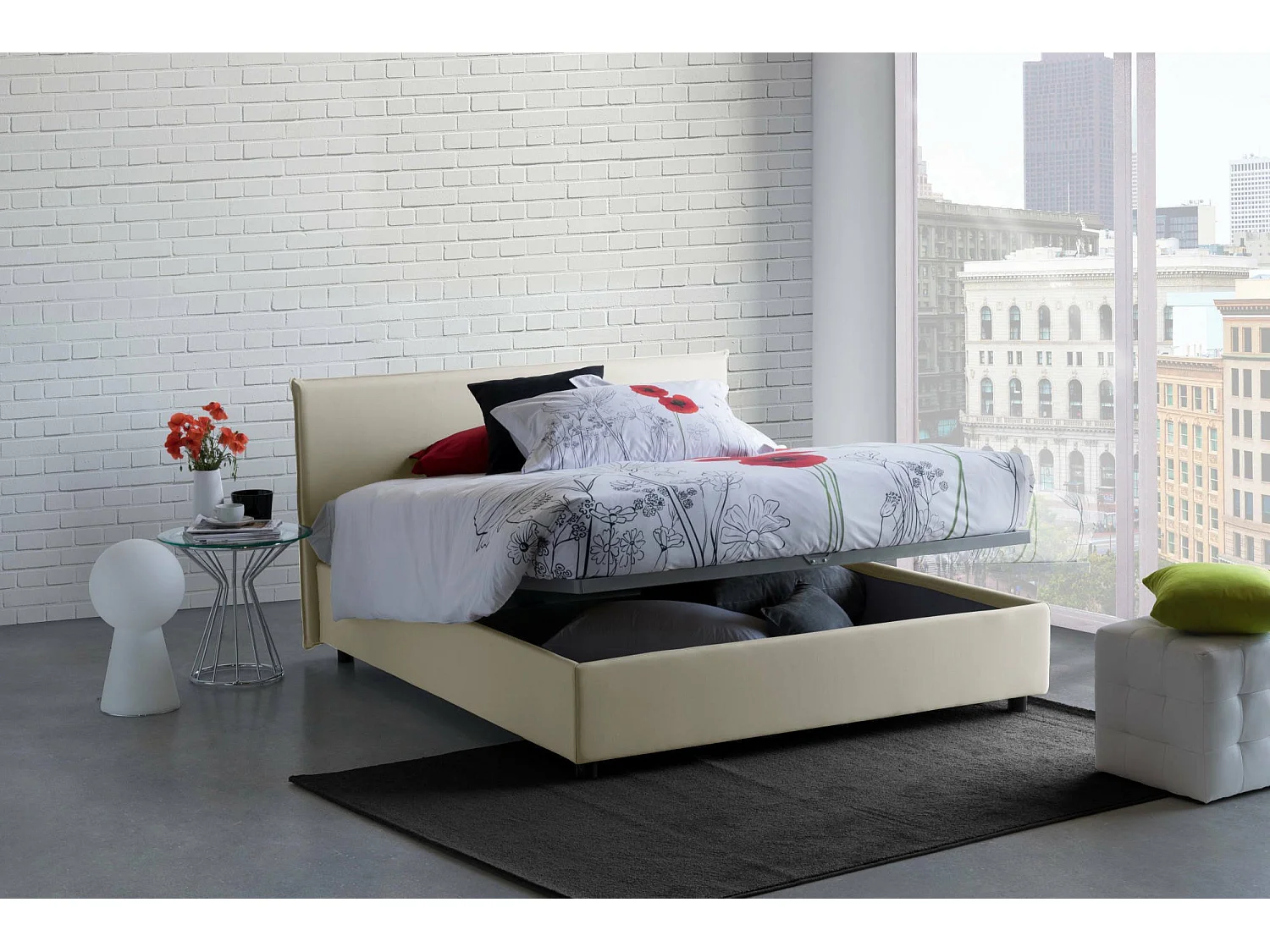 Letto matrimoniale Betty, Letto contenitore con rivestimento in tessuto, 100% Made in Italy, Apertura frontale, adatto per materasso Cm 160x190, Beige