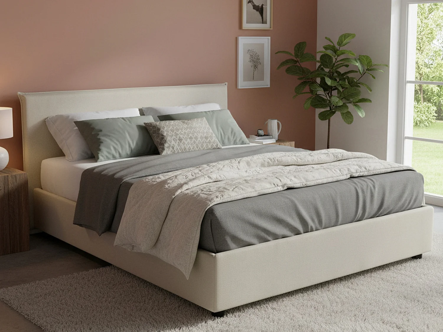 Letto matrimoniale Betty, Letto contenitore con rivestimento in tessuto, 100% Made in Italy, Apertura frontale, adatto per materasso Cm 160x190, Beige