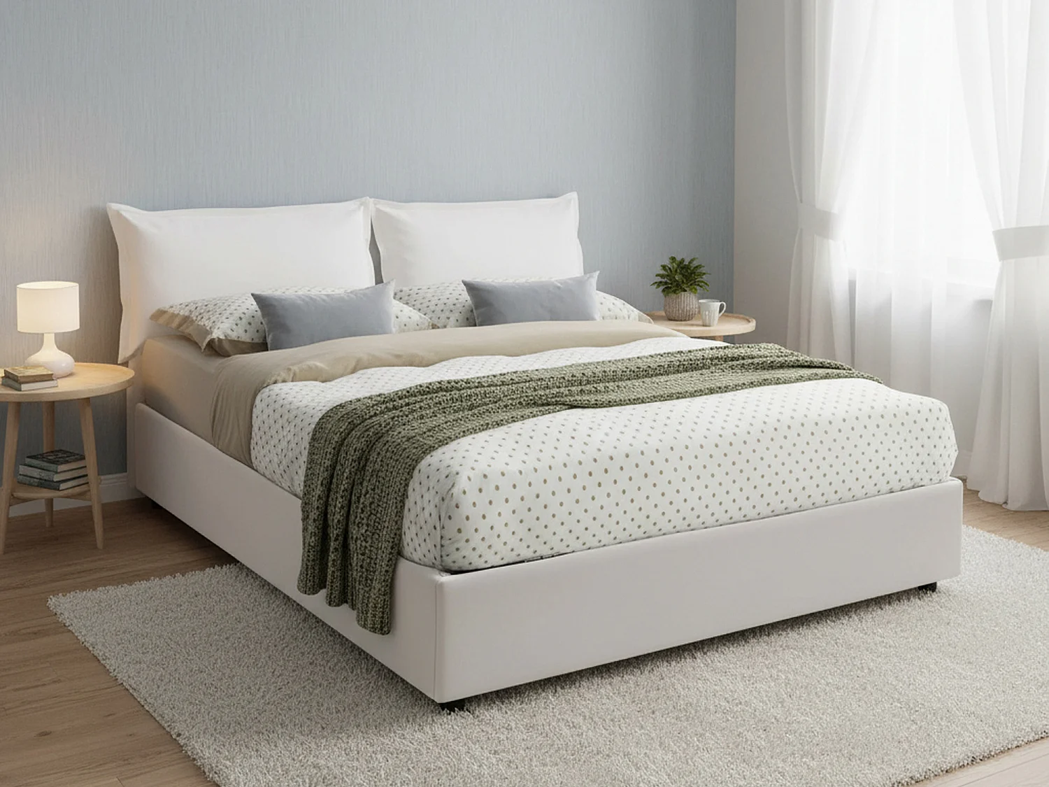 Lit double Fatima, Lit coffre avec revêtement en éco-cuir, 100% Made in Italy, Ouverture frontale, avec matelas 140x200 cm inclus, Blanc