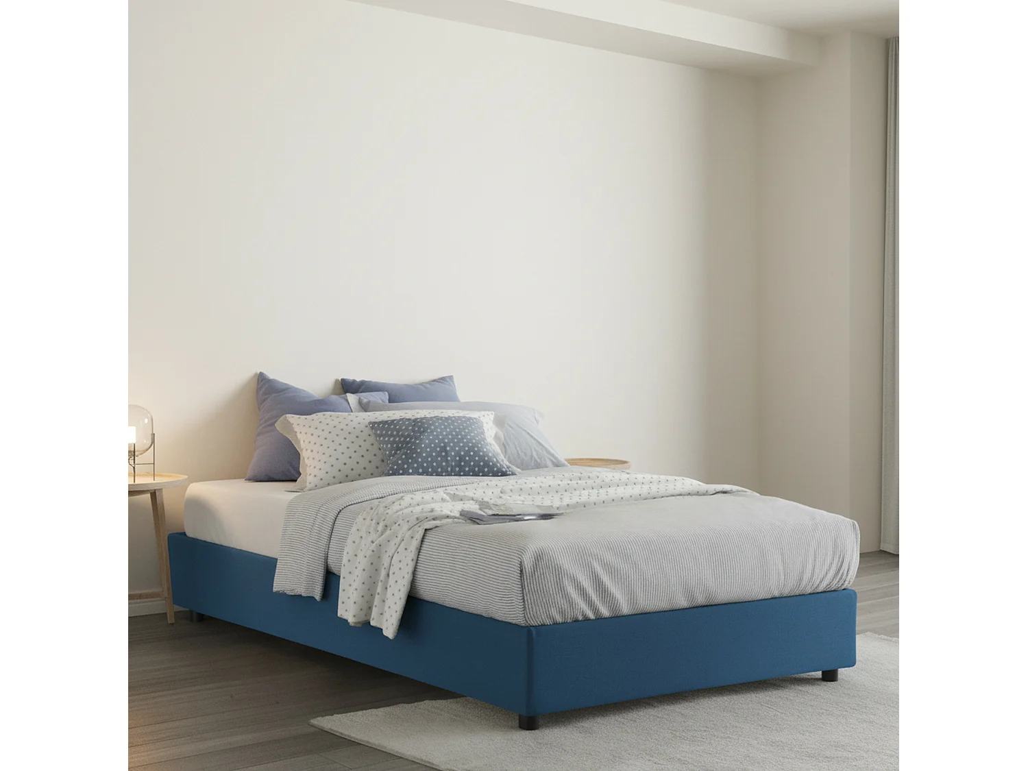 Letto piazza e mezza Nicole, Letto contenitore con rivestimento in tessuto, 100% Made in Italy, Apertura frontale, adatto per materasso Cm 120x190, Blu