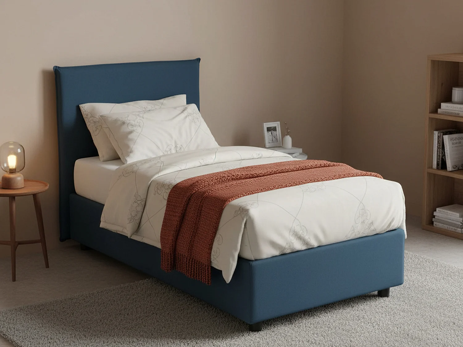 Talamo Italia Eenpersoonsbed Cira blauw met opbergruimte, Afneembare hoes, Matrasmaat 90x200 cm Made in Italy