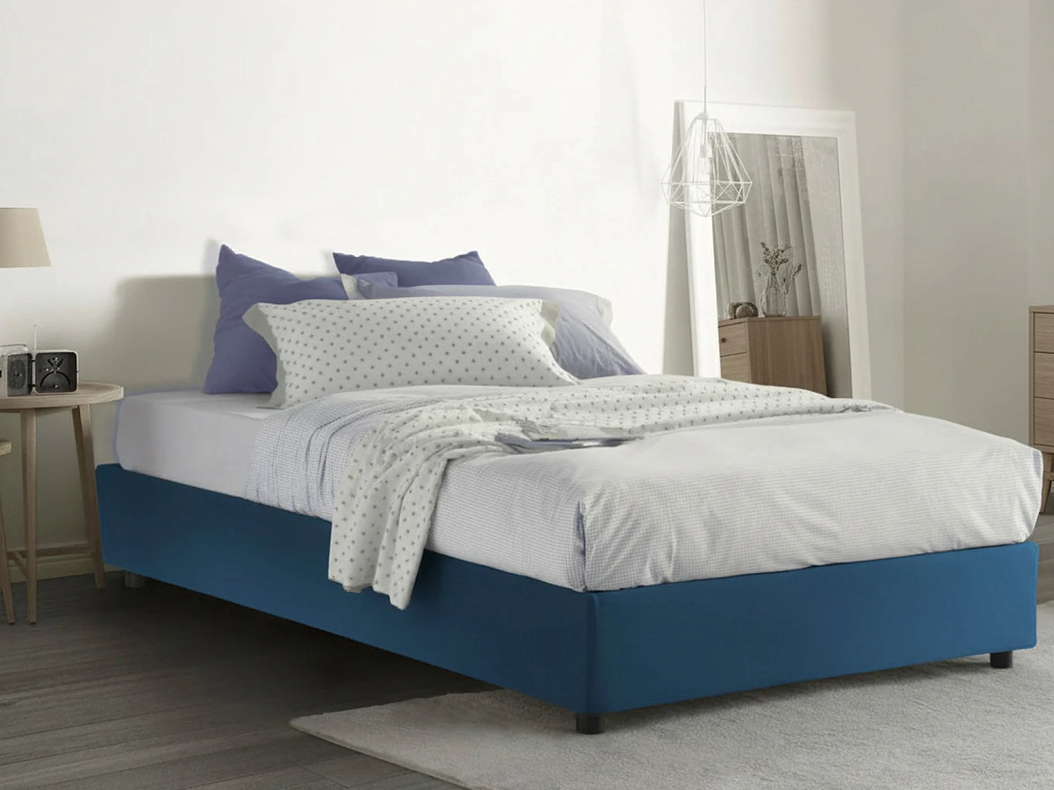 Lit double Arianna, Lit coffre avec revêtement en tissu, 100% Made in Italy, Ouverture frontale, adapté pour matelas 120x200 cm, Bleu