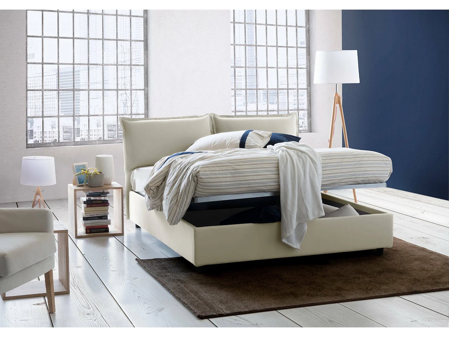 Lit double Denise, Lit coffre avec revêtement en tissu, 100% Made in Italy, Ouverture frontale, avec matelas 160x190 cm inclus, Beige