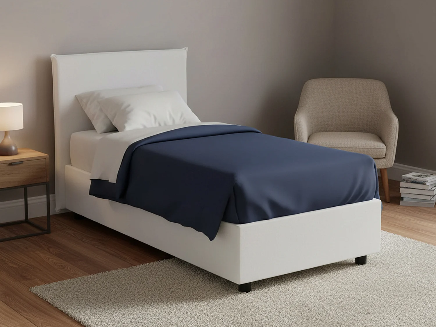 Lit simple Cassandra, Lit coffre avec revêtement en éco-cuir, 100% Made in Italy, Ouverture frontale, avec matelas 80x200 cm inclus, Blanc