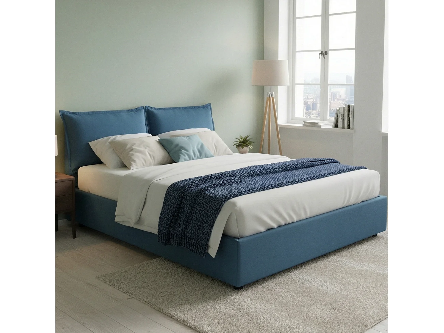 Lit double Maddalena, Lit coffre avec revêtement en tissu, 100% Made in Italy, Ouverture frontale, adapté pour matelas 140x200 cm, Bleu