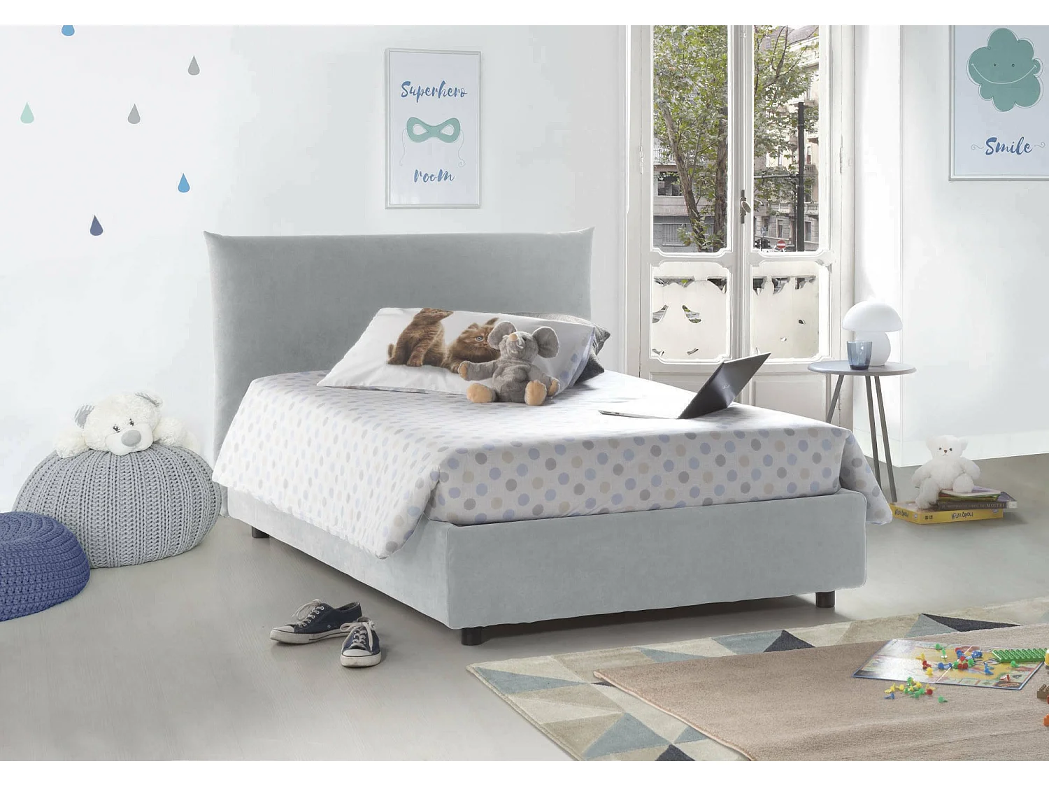 Ornella tweepersoonsbed, opbergbed met stoffen bekleding, 100% Made in Italy, opening aan de voorzijde, geschikt voor matras 120x190 cm, wit