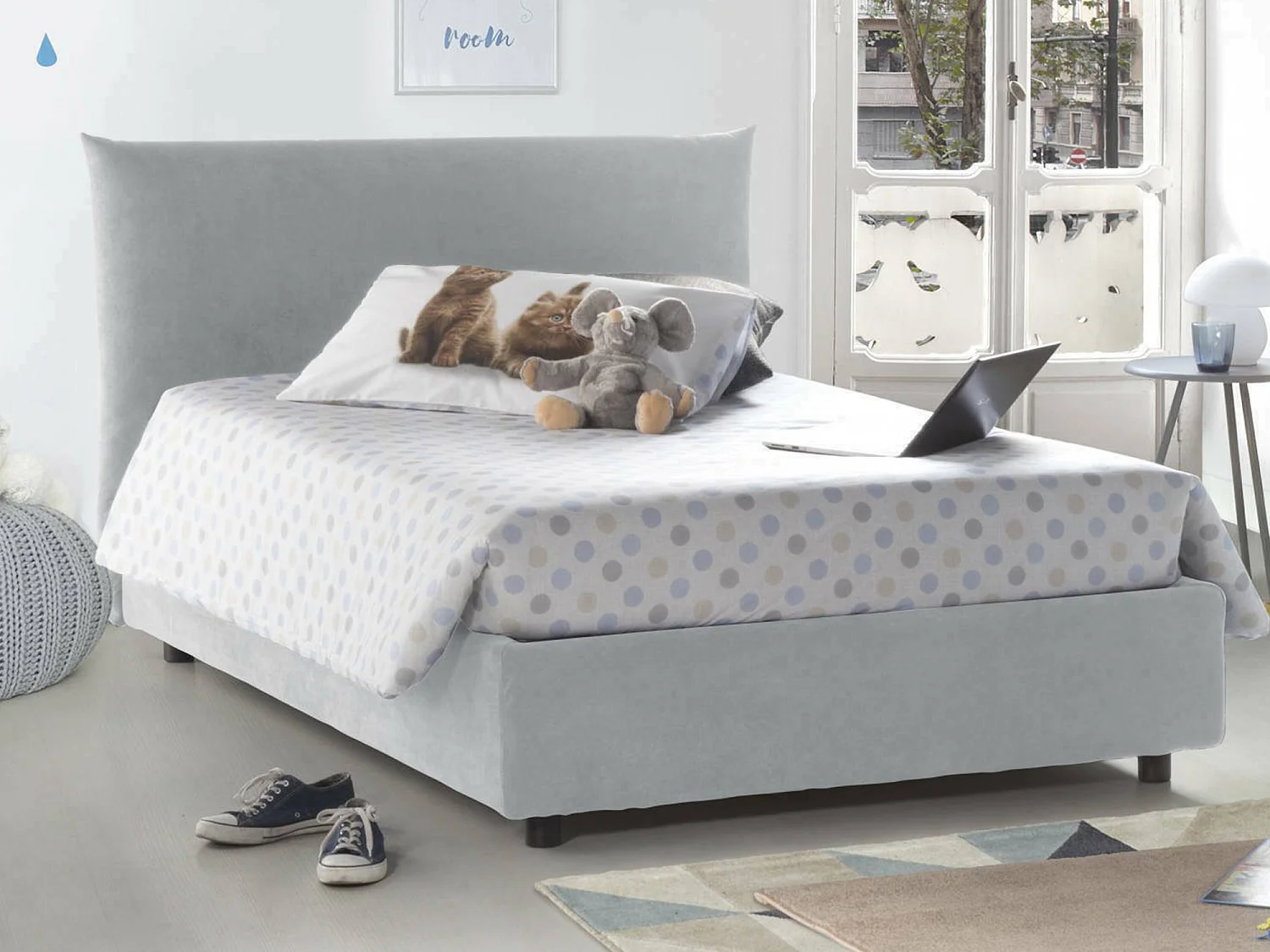Lit double Ornella, lit coffre avec revêtement en tissu, 100% Made in Italy, ouverture frontale, adapté pour matelas 120x190 cm, blanc