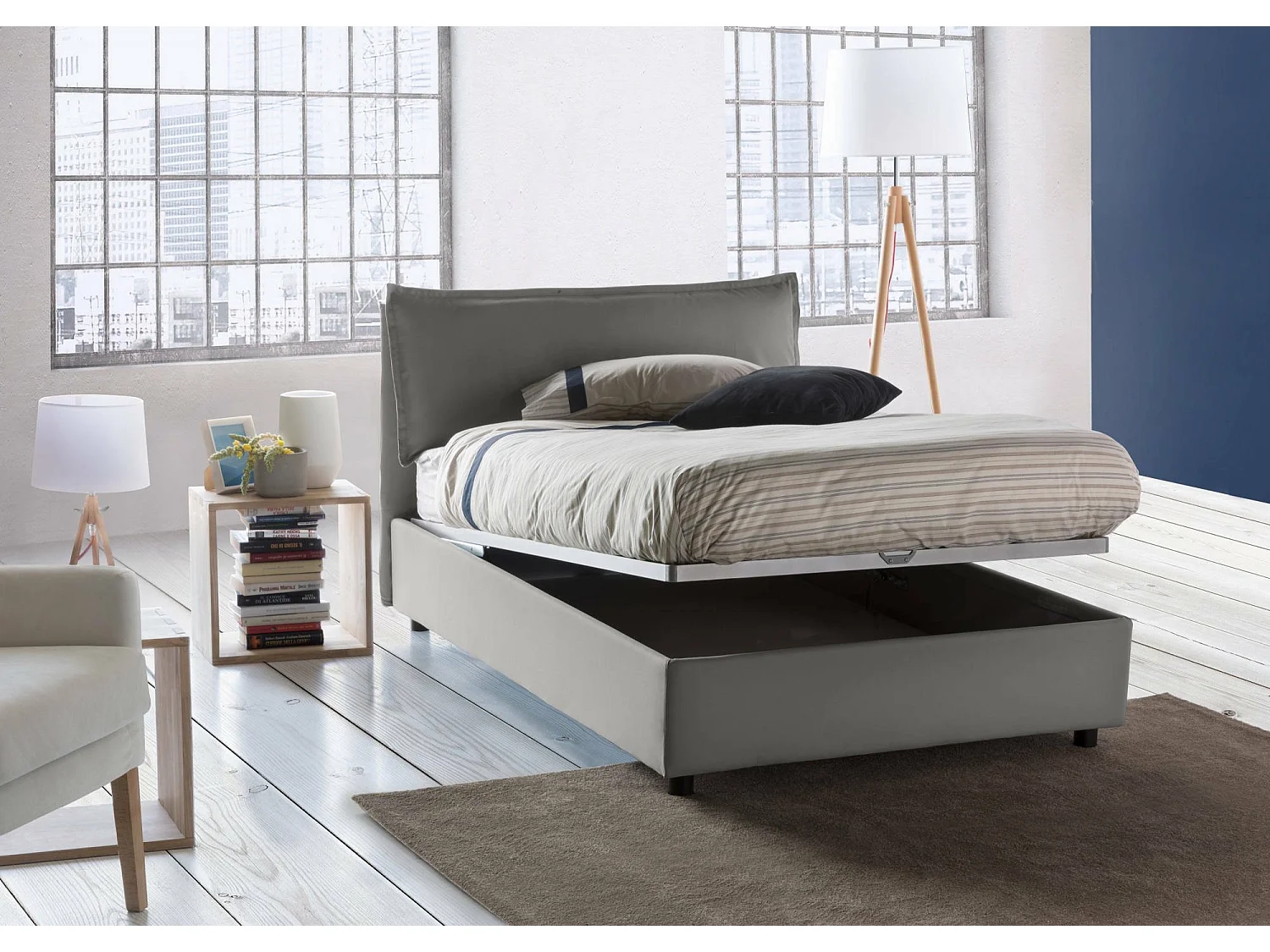 Lit double Claudia, Lit coffre avec revêtement en tissu, 100% Made in Italy, Ouverture frontale, adapté pour matelas 120x200 cm, Gris