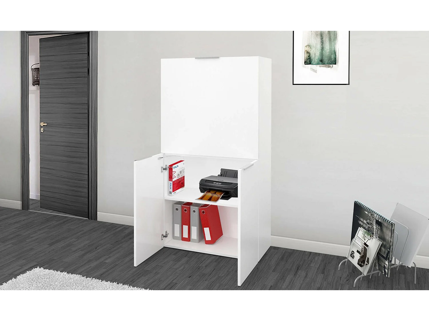 Dmora - Bureau Gianpiero, 70x35h140 cm, Blanc brillant, Panneau effet bois