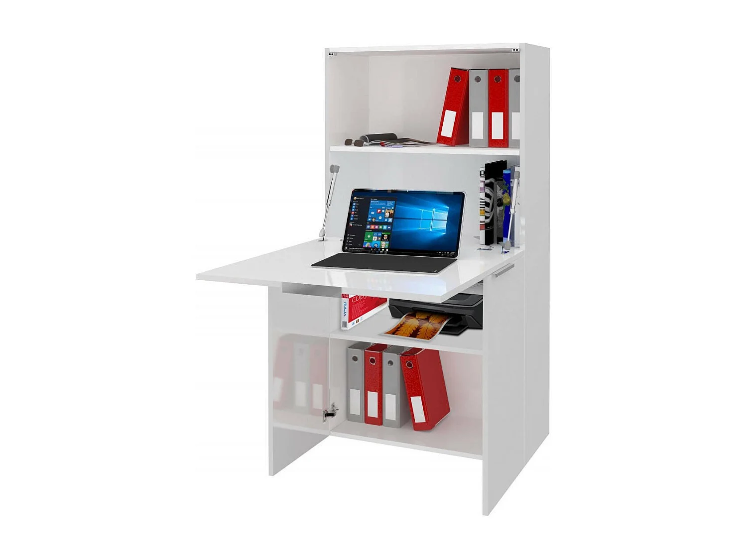 Dmora Schreibtisch mit versteckter Platte, Made in Italy, Schrank mit Regalen und Arbeitsplatte, Platzsparender Kleiderschrank, cm 70x35h140, Farbe Weiß glänzend