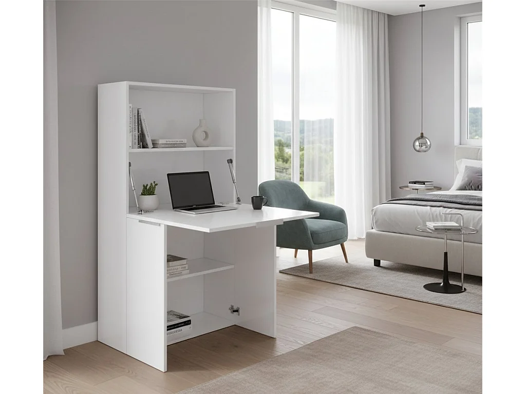 Dmora Schreibtisch mit versteckter Platte, Made in Italy, Schrank mit Regalen und Arbeitsplatte, Platzsparender Kleiderschrank, cm 70x35h140, Farbe Weiß glänzend