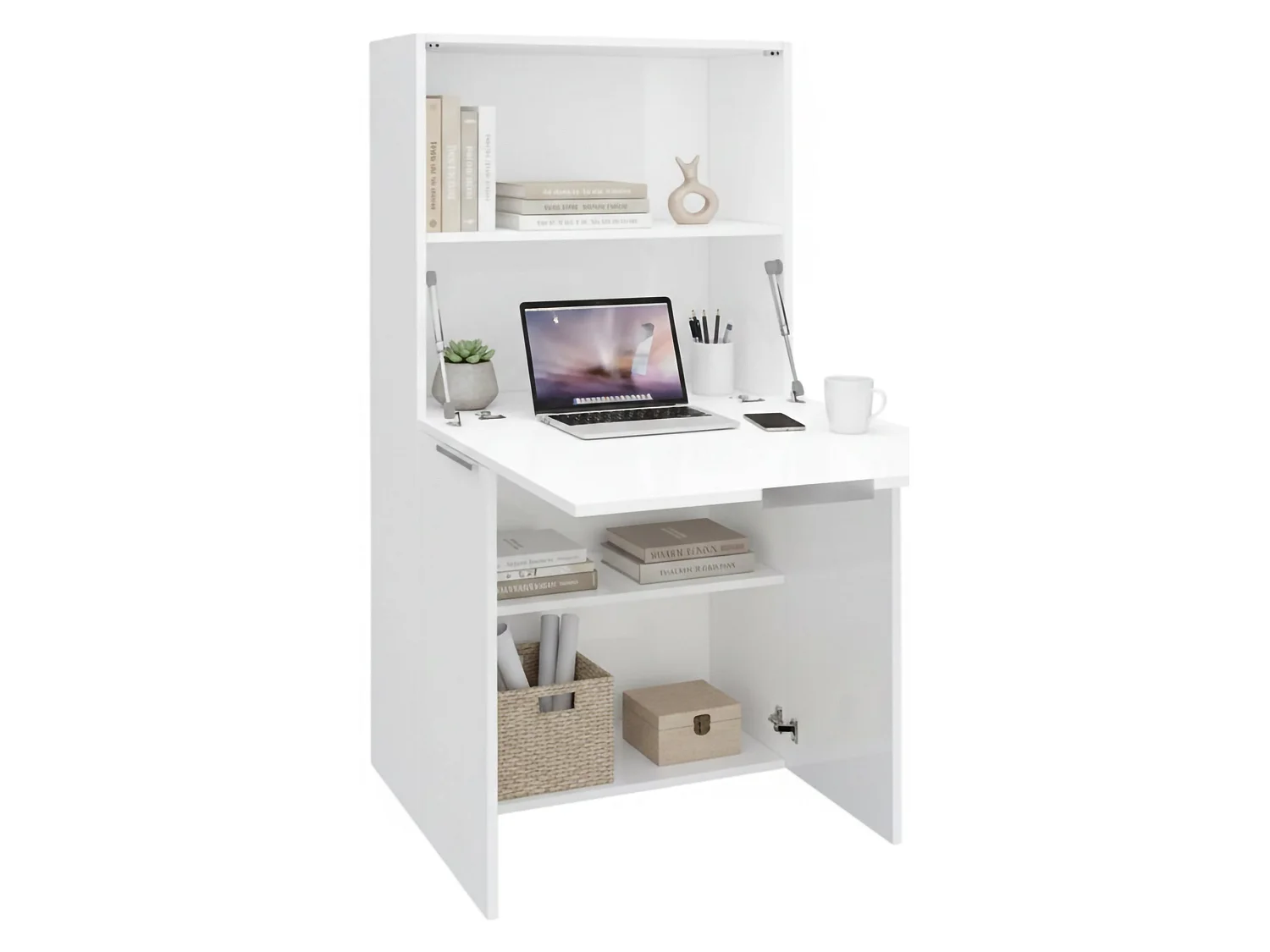 Dmorabureau Gianpiero 35x70x140h cm Wit Glanzend, 3 Verstelbare Planken, 4 Vakken, Made in Italy