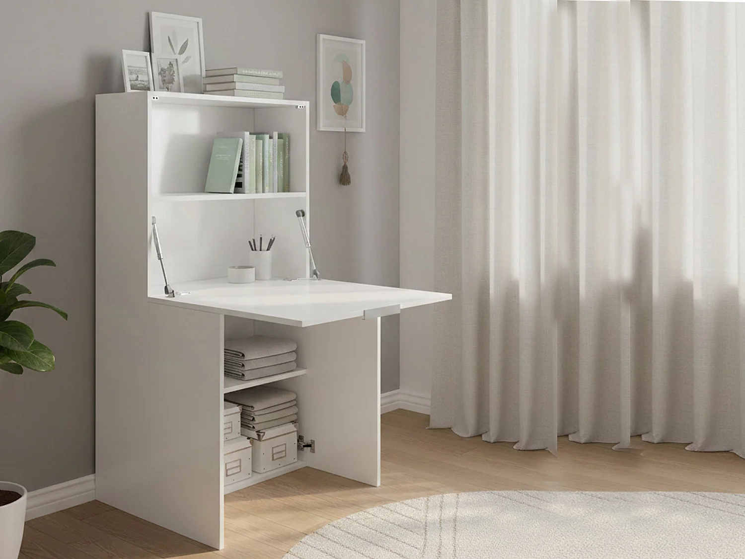 Dmorabureau Gianpiero 35x70x140h cm Wit Glanzend, 3 Verstelbare Planken, 4 Vakken, Made in Italy
