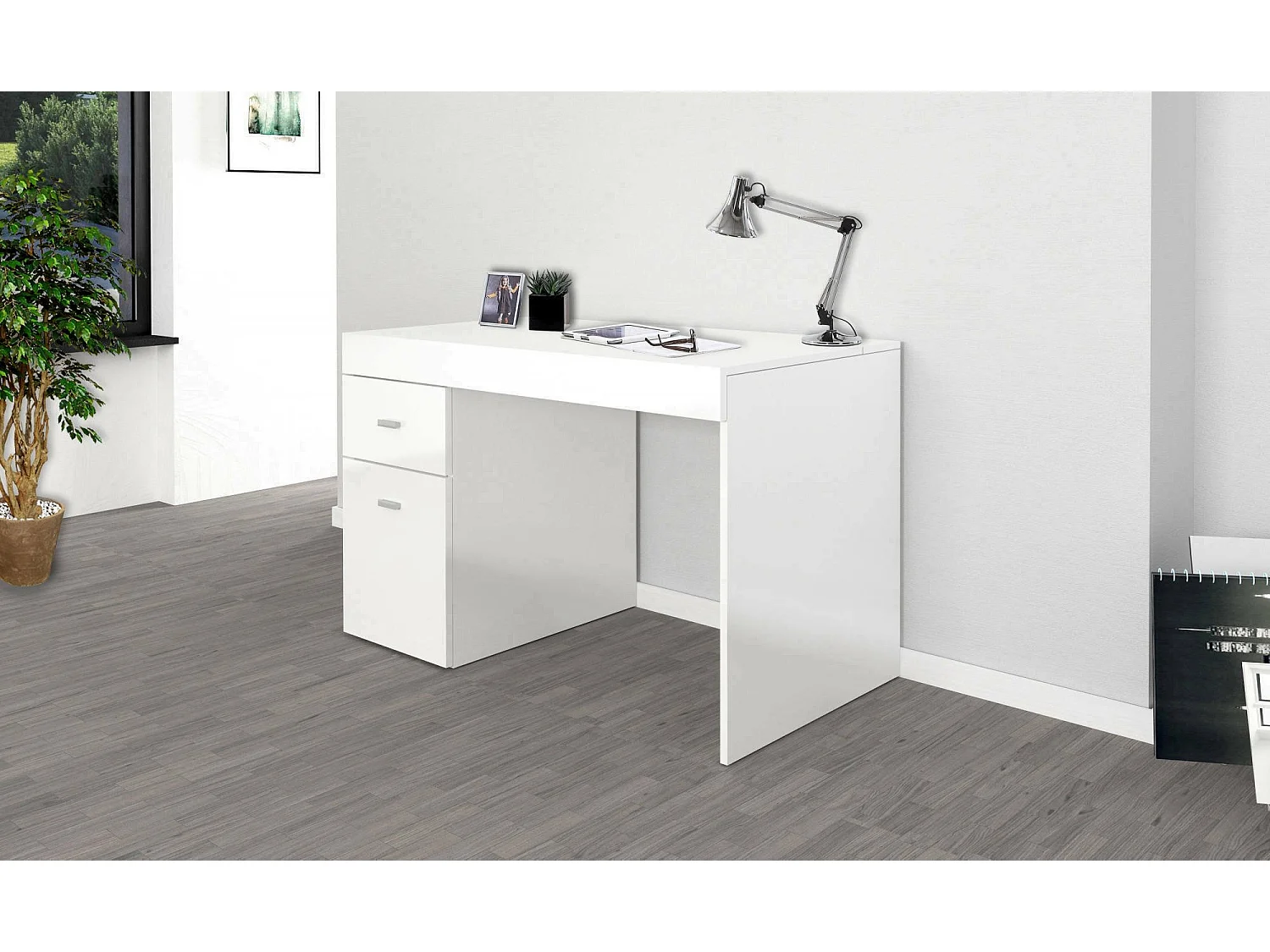 Carmine bureau, Lineair PC-bureau, Multifunctionele kantoortafel, Ruimtebesparend bureau, 100% Made in Italy, 100x60h75 cm, Glanzend wit lariks,