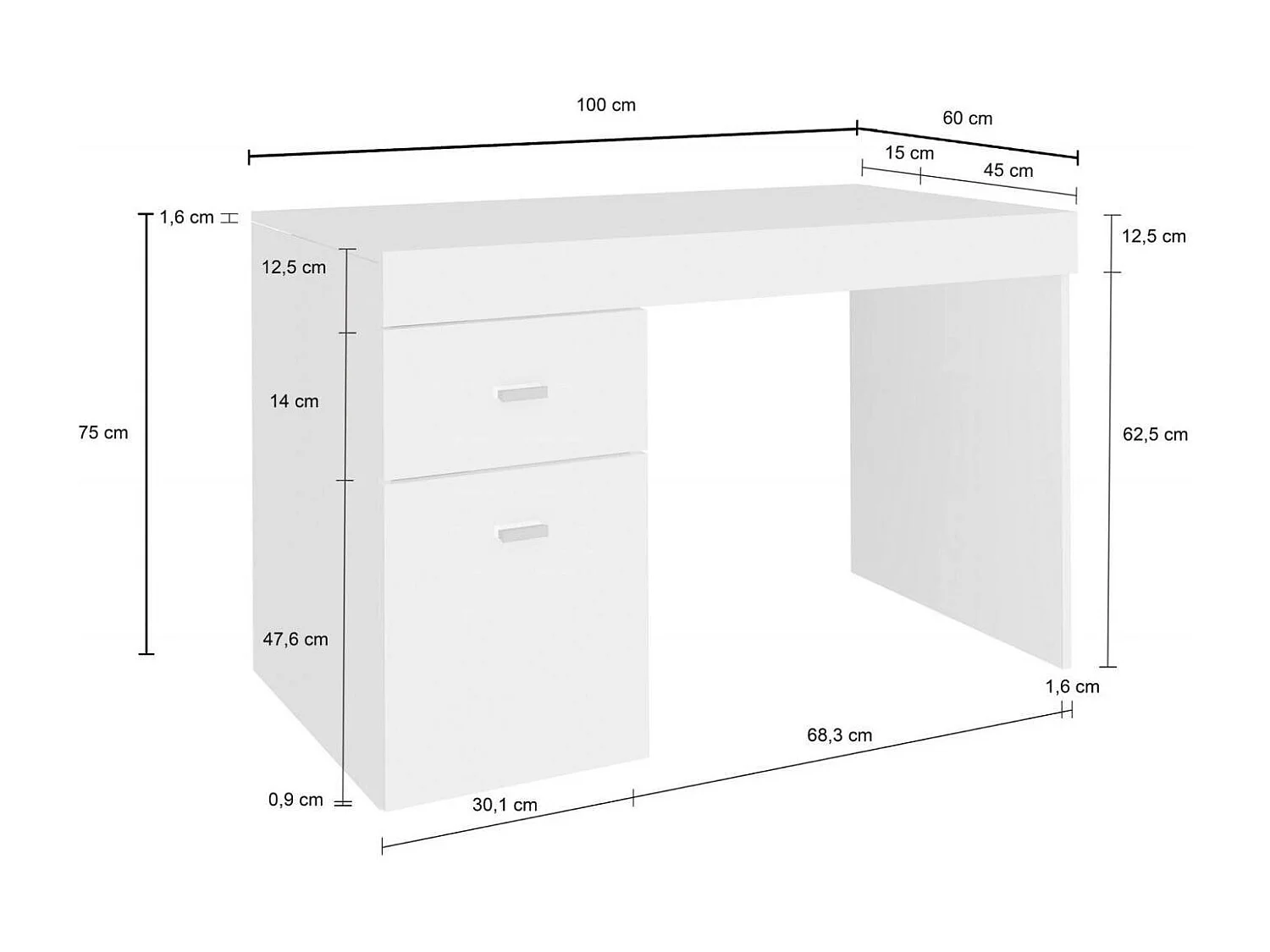 Carmine bureau, Lineair PC-bureau, Multifunctionele kantoortafel, Ruimtebesparend bureau, 100% Made in Italy, 100x60h75 cm, Glanzend wit lariks,
