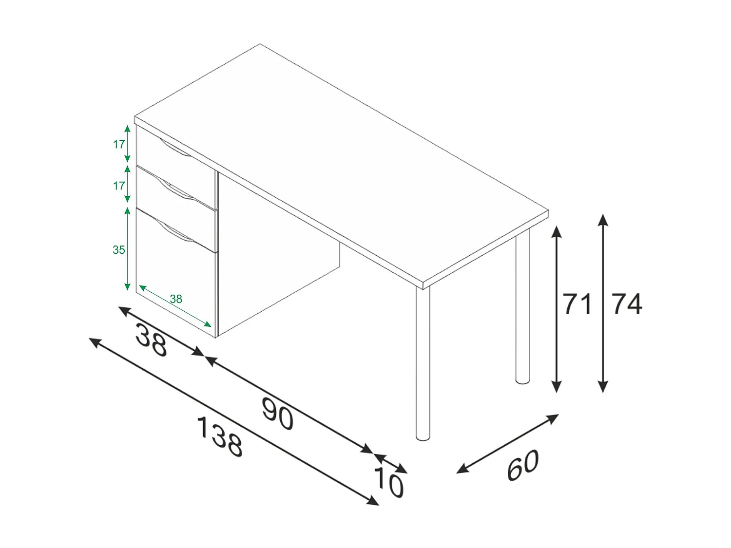 Philadelphia Bureau, Multifunctioneel omkeerbaar bureau, Studeertafel met ladekast met 2 laden en 1 deur, 138x60h74 cm, Wit