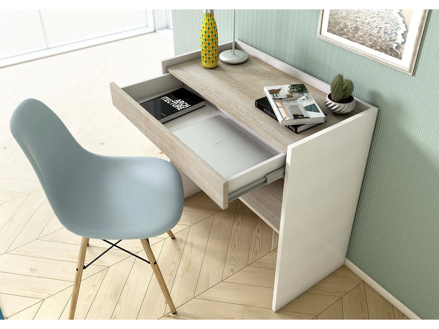 Scrivania Clematide, Scrittoio moderno con cassetto, Tavolo da studio o ufficio porta PC portalibri, 100% Made in Italy, 80x40h79 cm, Bianco e Rovere