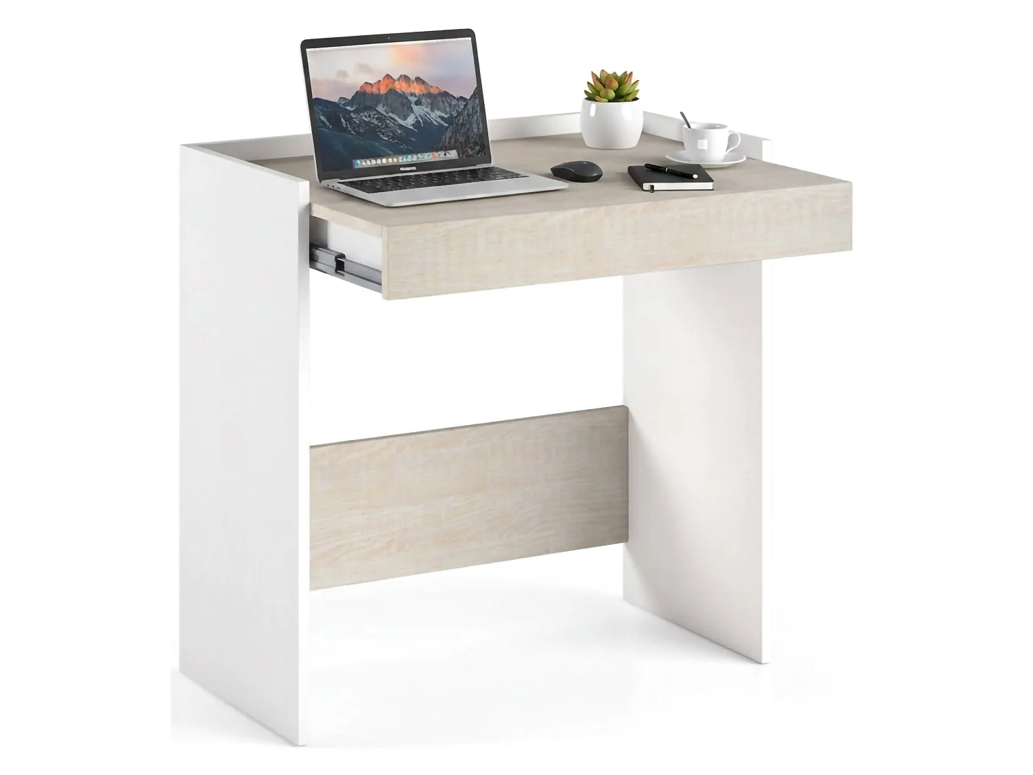 Secretária Clematide, Secretária moderna com gaveta, Mesa de estudo ou escritório, Porta-livros para PC, 100% Fabricado em Itália, 80x40h79 cm, Branco e Carvalho