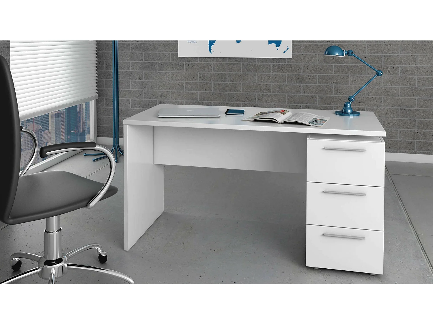 Dallas Escritorio, Escritorio de oficina moderno, Mesa de estudio con cómoda con 2 cajones y 1 puerta, 138x60h74 cm, Blanco