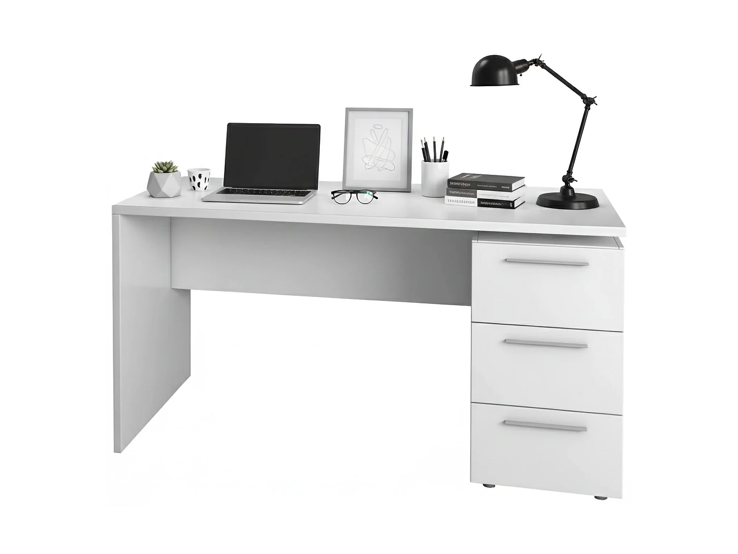 Dallas Schreibtisch, Moderner Büroschreibtisch, Studiertisch mit Kommode mit 2 Schubladen und 1 Tür, 138x60h74 cm, WeiÃŸ