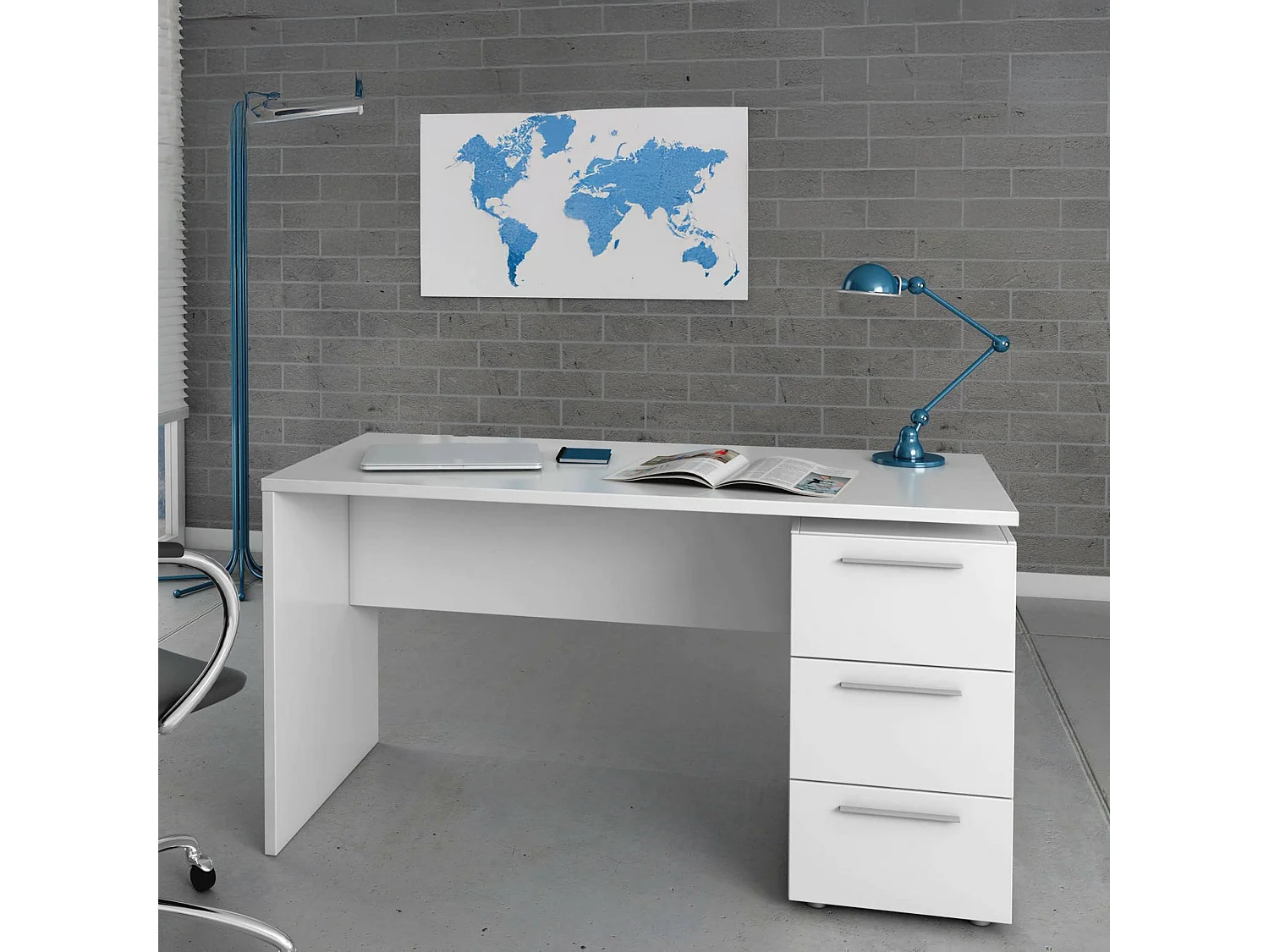 Dallas Schreibtisch, Moderner Büroschreibtisch, Studiertisch mit Kommode mit 2 Schubladen und 1 Tür, 138x60h74 cm, WeiÃŸ
