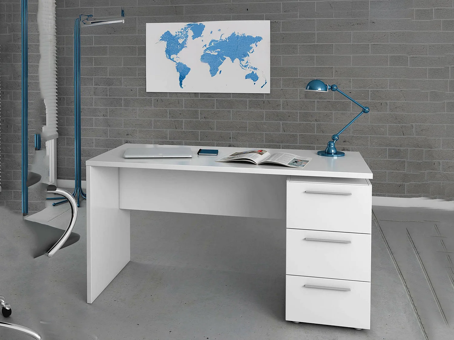 Bureau Dallas, Bureau moderne, Table d'étude avec commode avec 2 tiroirs et 1 porte, 138x60h74 cm, Blanc