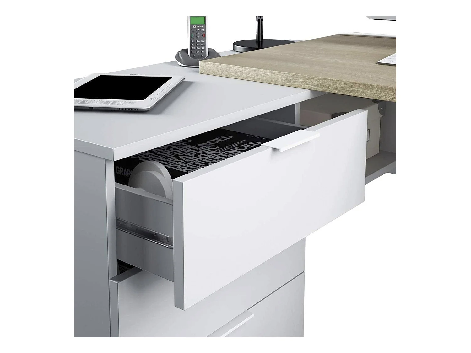 Greensboro Bureau, multifunctioneel omkeerbaar bureau met laden, hoek-pc-studeer- of kantoortafel, 145x108h73 cm, eiken en wit
