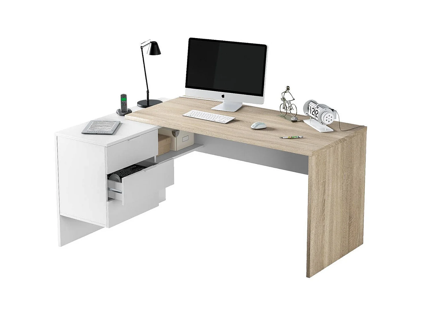 Greensboro Bureau, multifunctioneel omkeerbaar bureau met laden, hoek-pc-studeer- of kantoortafel, 145x108h73 cm, eiken en wit